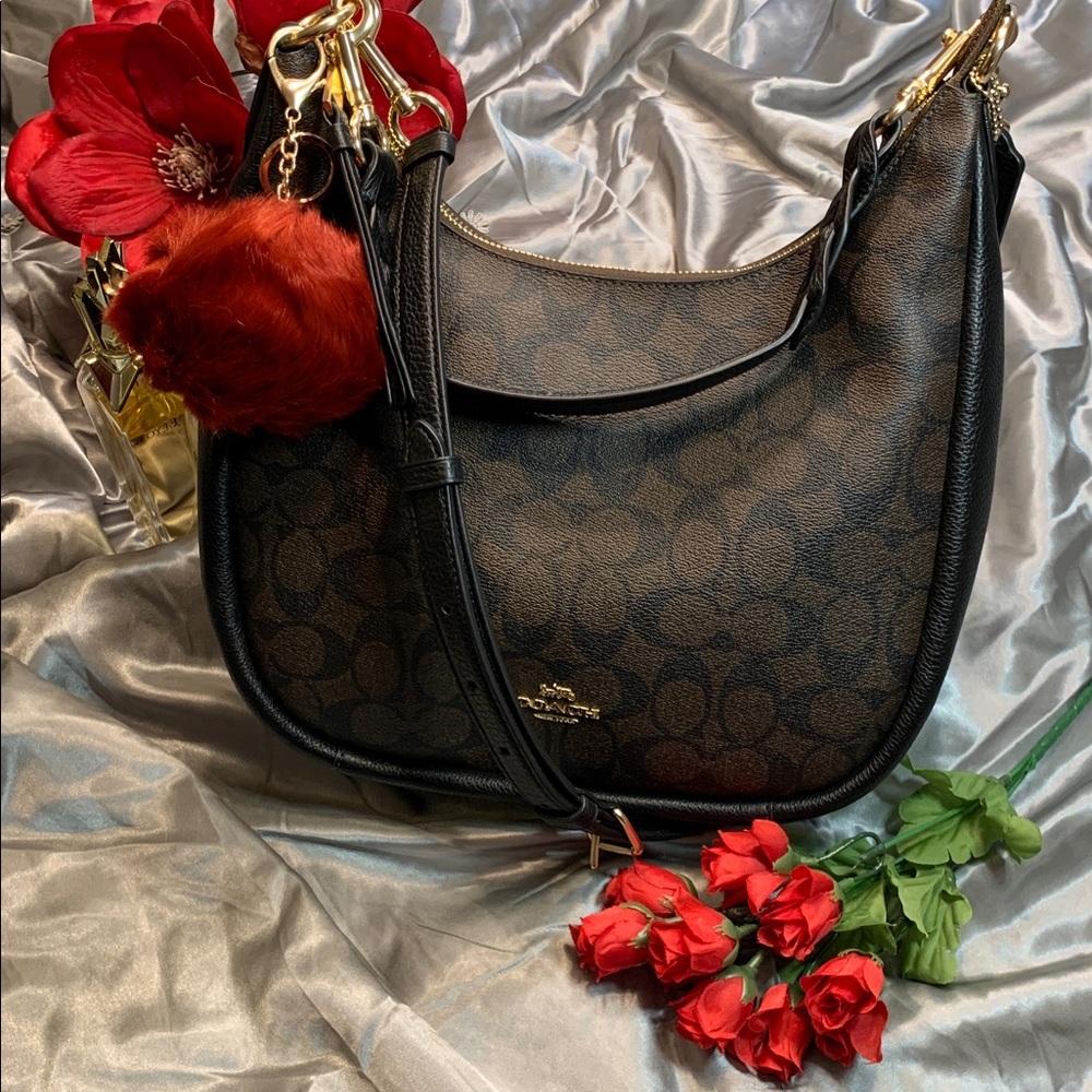 🌹BEAUTIFUL Coach Black Jules Hobo Bag  • EUC Signature Canvas w/Crossbody Strap